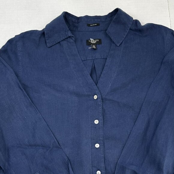 Talbots Pure Irish Navy Blue Linen Button Down Long Sleeve Blouse Top, 10P - Picture 2 of 6
